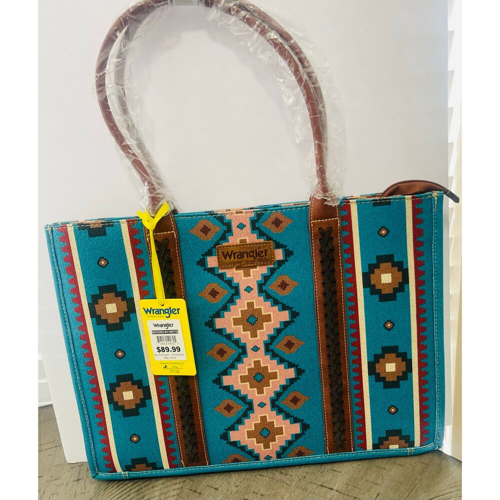 Wrangler Dark Turquoise Southwestern Canvas Large Tote *NEW in Package*